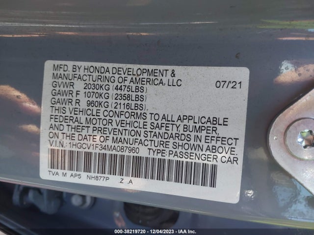 2021 HONDA ACCORD SPORT VIN: 1HGCV1F34MA087960