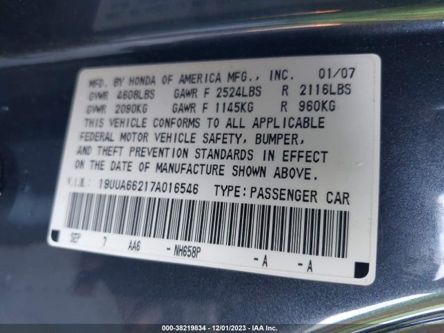 2007 ACURA TL 3.2 VIN: 19UUA66217A016546