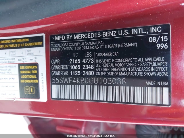 2016 Mercedes-benz C 300 Sport 4matic/luxury 4matic/4matic მანქანა იყიდება აუქციონზე, vin: 55SWF4KB0GU103038, აუქციონის ნომერი: 38219858