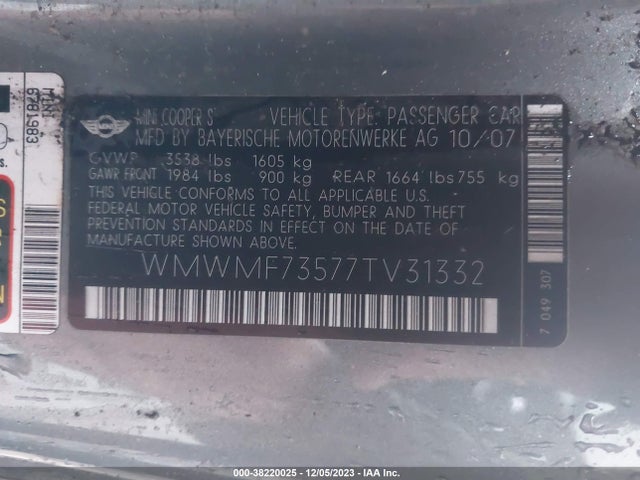 2007 MINI COOPER S WMWMF73577TV31332 Photo 8