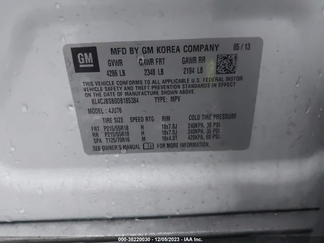 38220030 :رقم المزاد ، KL4CJBSB0DB185384 vin ، 2013 Buick Encore Convenience مزاد بيع