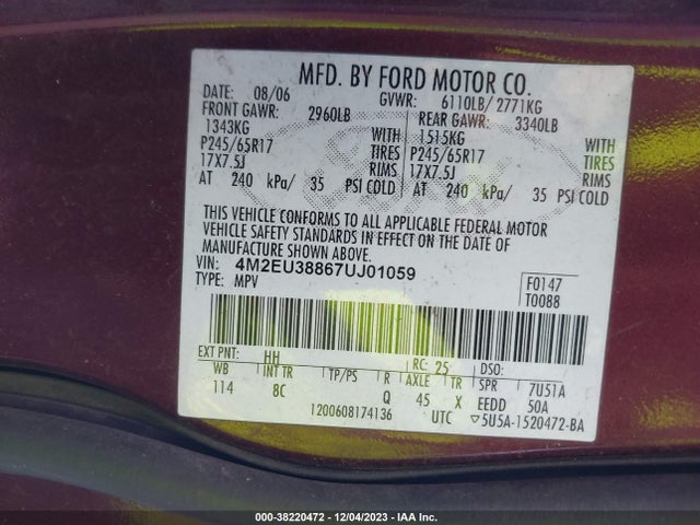 2007 MERCURY MOUNTAINEER PREMIER VIN: 4M2EU38867UJ01059