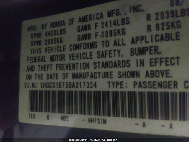 2011 HONDA ACCORD CPE EX VIN: 1HGCS1B75BA017334