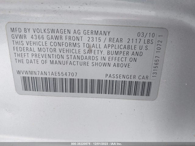 2010 VOLKSWAGEN CC SPORT VIN: WVWMN7AN1AE554707