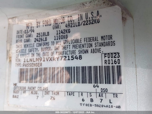 1994 LINCOLN MARK VIII VIN: 1LNLM91VXRY721548