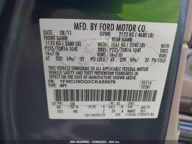 2012 FORD ESCAPE XLT VIN: 1FMCU9DGXCKA55976