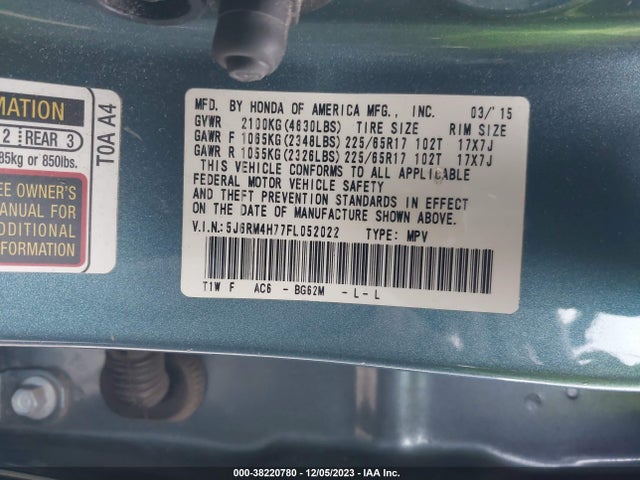 Honda Cr-v Ex-l 2015 5J6RM4H77FL052022 Image 9