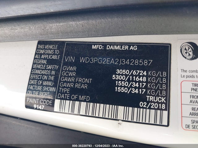 2018 MERCEDES-BENZ METRIS VIN: WD3PG2EA2J3428587