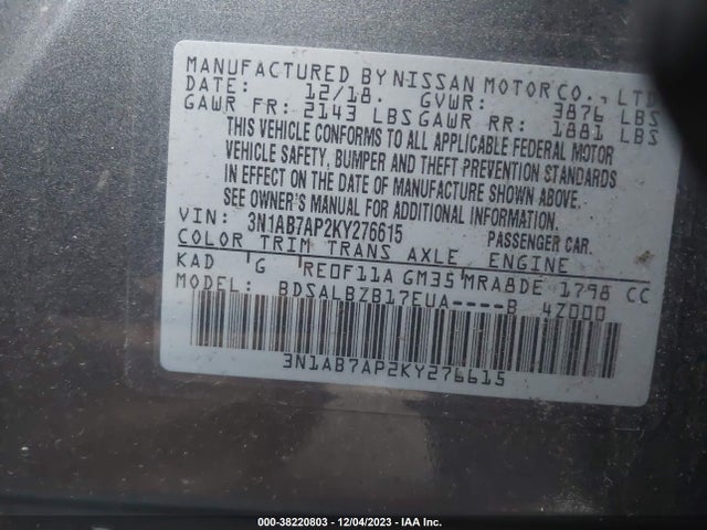 Продажа на аукционе авто 2019 Nissan Sentra S, vin: 3N1AB7AP2KY276615, номер лота: 38220803