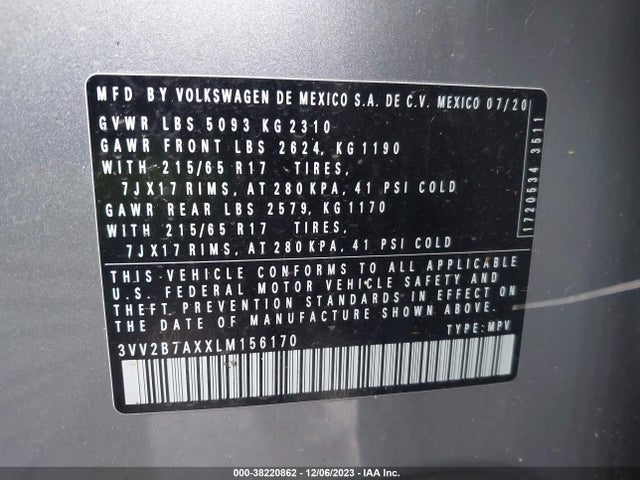 3VV2B7AXXLM156170 Volkswagen Tiguan 2.0t Se R-line Black/2.0t Sel/2.0t Se