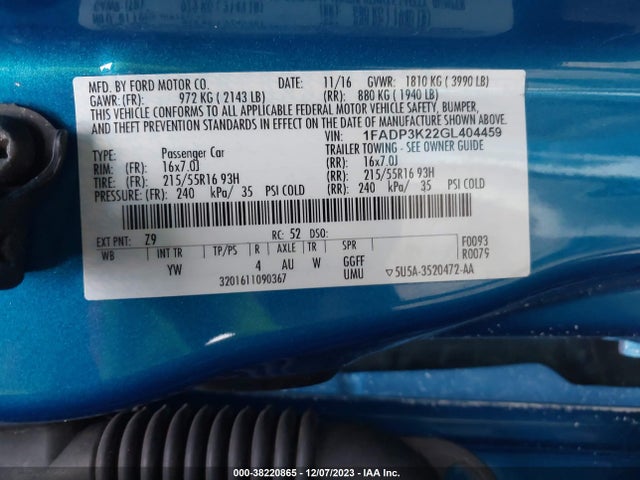 2016 FORD FOCUS SE VIN: 1FADP3K22GL404459