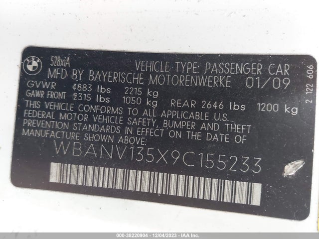 2009 BMW 528I XDRIVE VIN: WBANV135X9C155233