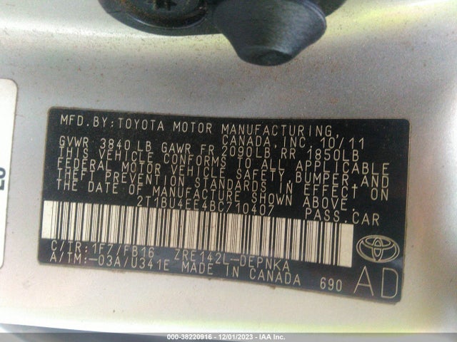 2011 TOYOTA COROLLA LE VIN: 2T1BU4EE4BC710407