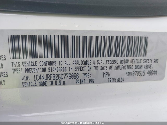 2016 JEEP PATRIOT HIGH ALTITUDE EDITION VIN: 1C4NJRFB2GD776066