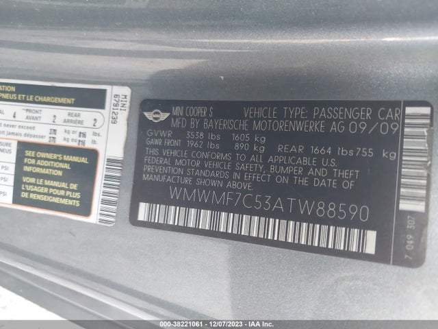 2010 MINI COOPER S WMWMF7C53ATW88590 Photo 8