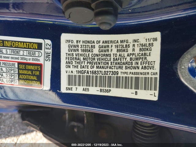 2007 HONDA CIVIC EX VIN: 1HGFA16837L027309