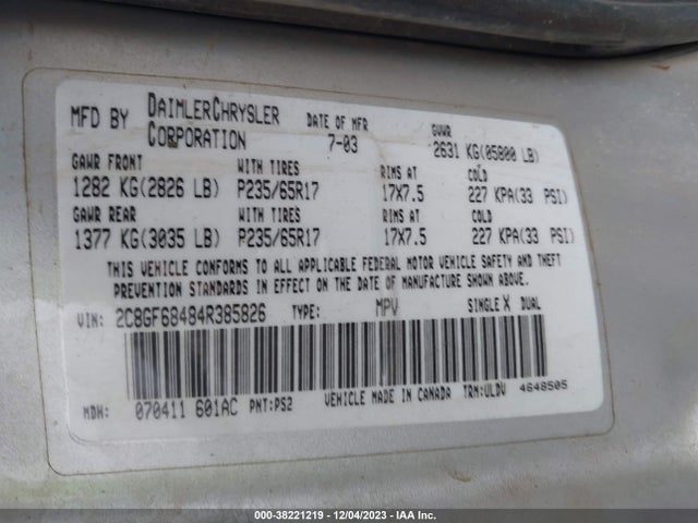 2004 CHRYSLER PACIFICA VIN: 2C8GF68484R385826