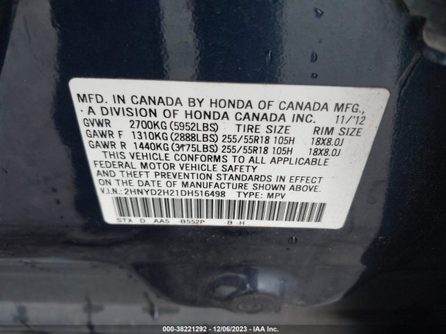 2013 ACURA MDX VIN: 2HNYD2H21DH516498