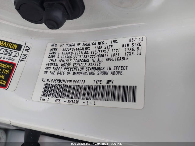 2013 HONDA CR-V EX-L VIN: 5J6RM3H70DL044173
