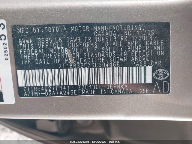2006 TOYOTA COROLLA LE VIN: 2T1BR32E76C604166