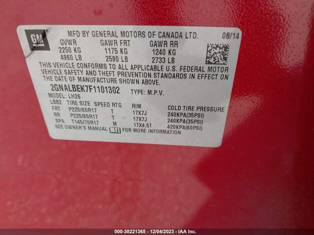 Chevrolet EQUINOX 1LT 2015 2GNALBEK7F1101302 Image 9