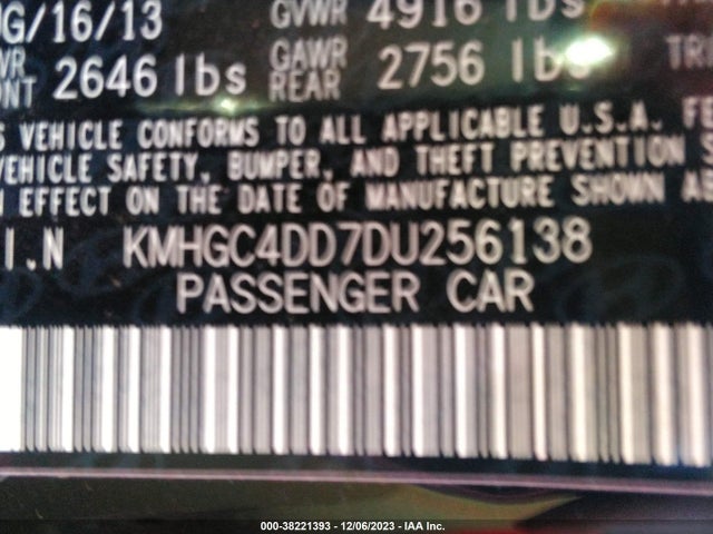 2013 HYUNDAI GENESIS 3.8 VIN: KMHGC4DD7DU256138