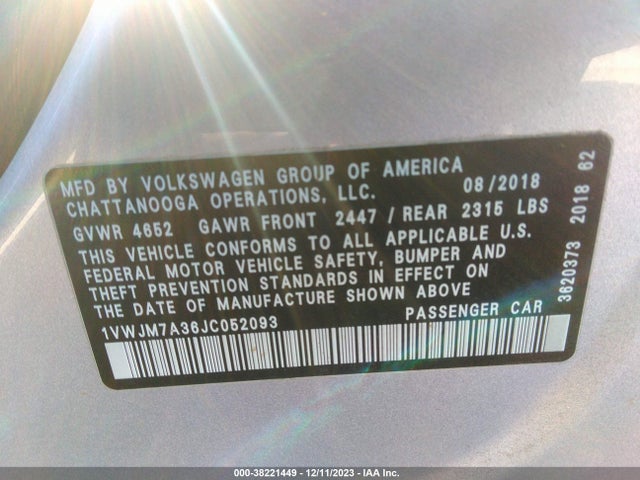 2018 VOLKSWAGEN PASSAT 3.6L V6 GT VIN: 1VWJM7A36JC052093