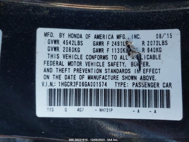 2016 HONDA ACCORD EX-L V-6 VIN: 1HGCR3F06GA001574