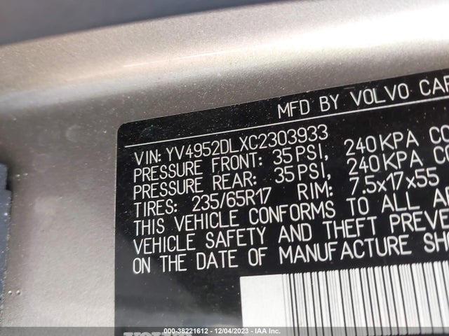 2012 VOLVO XC60 3.2/3.2 PLATINUM/3.2 PREMIER/3.2 PREMIER PLUS VIN: YV4952DLXC2303933