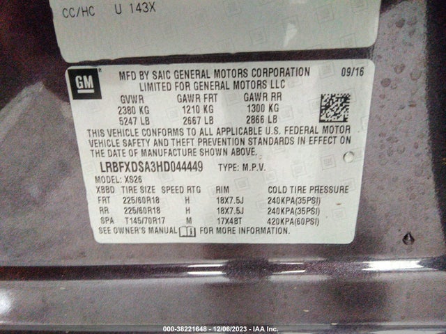 38221648 :رقم المزاد ، LRBFXDSA3HD044449 vin ، 2017 Buick Envision Essence مزاد بيع