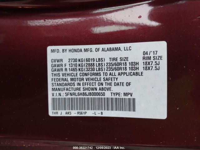 5FNRL6H86JB000650 Honda Odyssey Touring