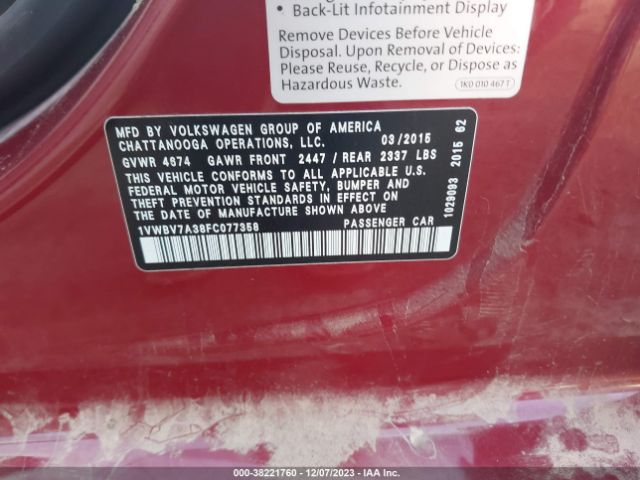 1VWBV7A38FC077358 Volkswagen Passat 2.0l Tdi Se
