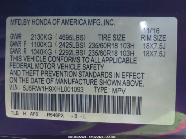 5J6RW1H9XHL001093 Honda Cr-v Touring