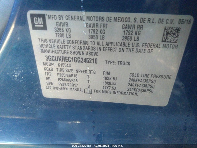 2016 CHEVROLET SILVERADO 1500 2LT VIN: 3GCUKREC1GG345210