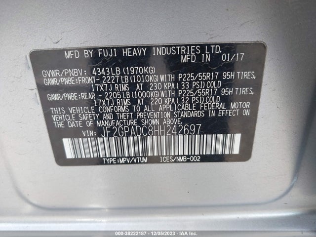 2017 SUBARU CROSSTREK 2.0I PREMIUM VIN: JF2GPADC8HH242697