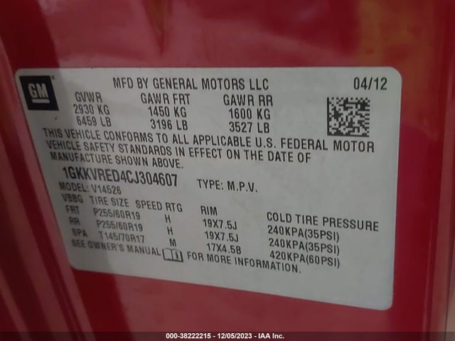 2012 GMC ACADIA SLT-1 VIN: 1GKKVRED4CJ304607