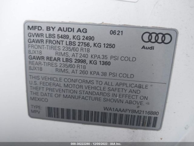 2021 AUDI Q5 WA1AAAFY8M2116880 Photo 8