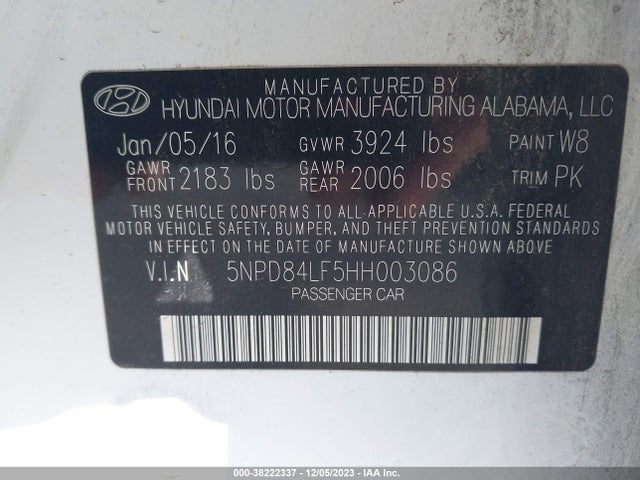 2017 HYUNDAI ELANTRA SE VIN: 5NPD84LF5HH003086