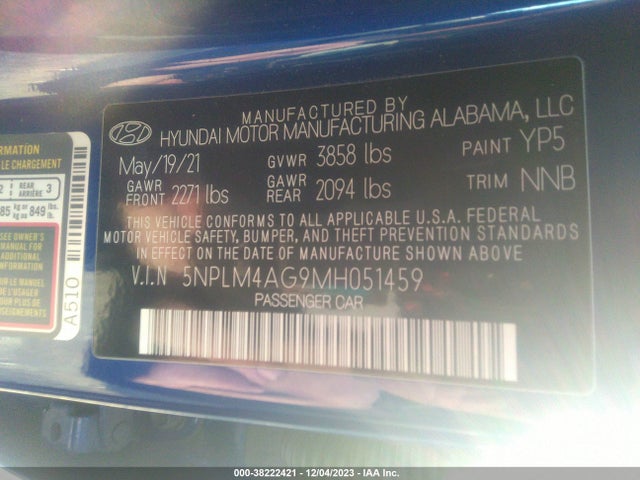 2021 HYUNDAI ELANTRA SEL VIN: 5NPLM4AG9MH051459
