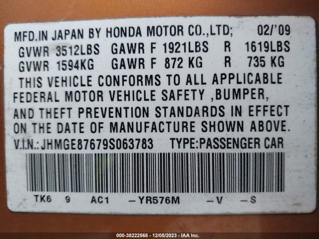 2009 HONDA FIT SPORT W/NAVI VIN: JHMGE87679S063783