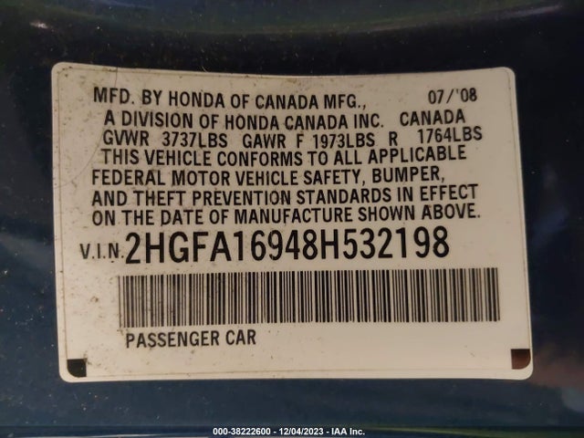 2008 HONDA CIVIC EX-L VIN: 2HGFA16948H532198