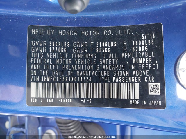 Honda Civic Ex-t 2018 JHMFC1F39JX018724 Image 9