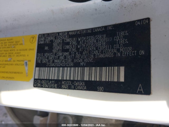 2004 LEXUS RX 330 VIN: 2T2GA31U24C012396