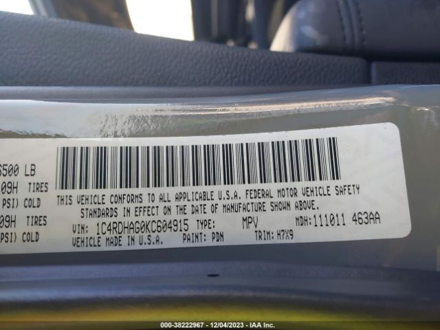 1C4RDHAG0KC604915 Dodge Durango Sxt Rwd