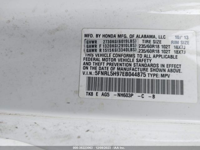 5FNRL5H97EB044875 Honda Odyssey Touring/touring Elite