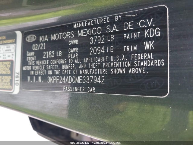 2021 KIA FORTE LXS VIN: 3KPF24AD0ME337942