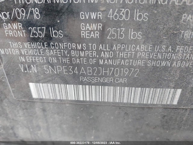 2018 HYUNDAI SONATA LIMITED 2.0T VIN: 5NPE34AB2JH701972
