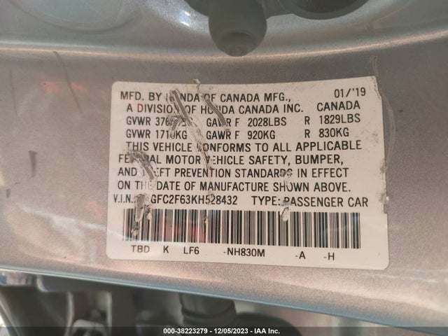 Honda Civic Lx 2019 2HGFC2F63KH528432 Image 9
