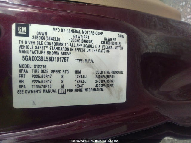 2006 BUICK TERRAZA CXL VIN: 5GADX33L56D101767