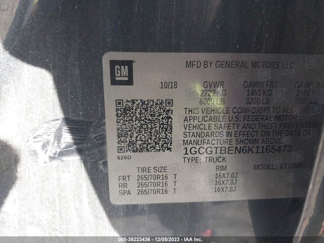 Chevrolet Colorado Wt 2019 1GCGTBEN6K1165473 Image 9